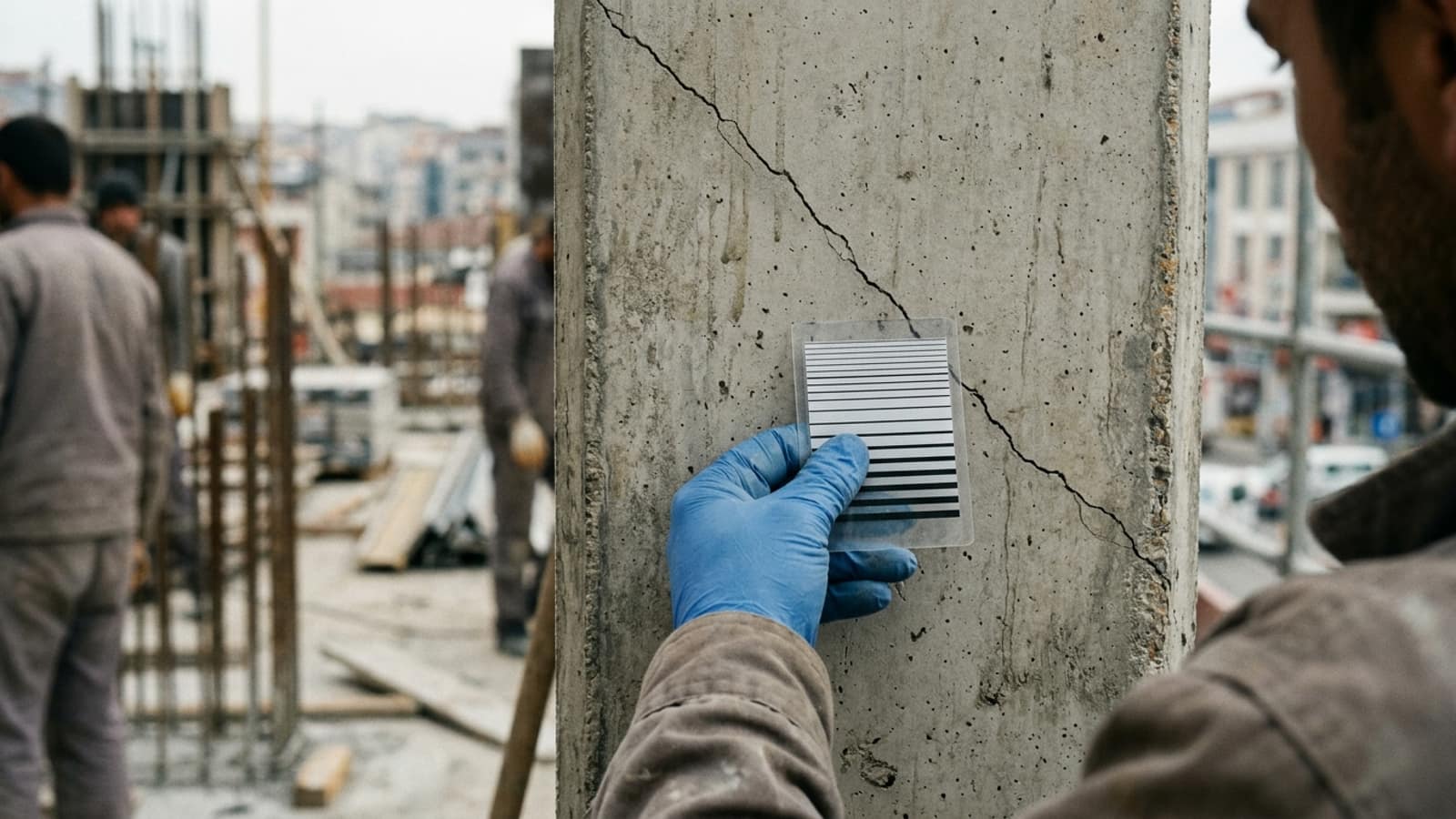Betonarme kolondaki çatlağın karşısına tutulan çatlak genişliği komparatör kartı