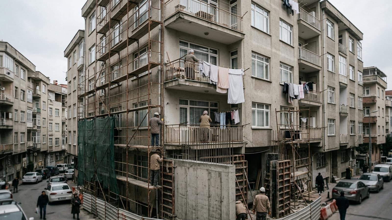 İskele kurulmuş, içinde oturulmaya devam eden apartmanda güçlendirme çalışması; balkonlarda çamaşırlar asılı
