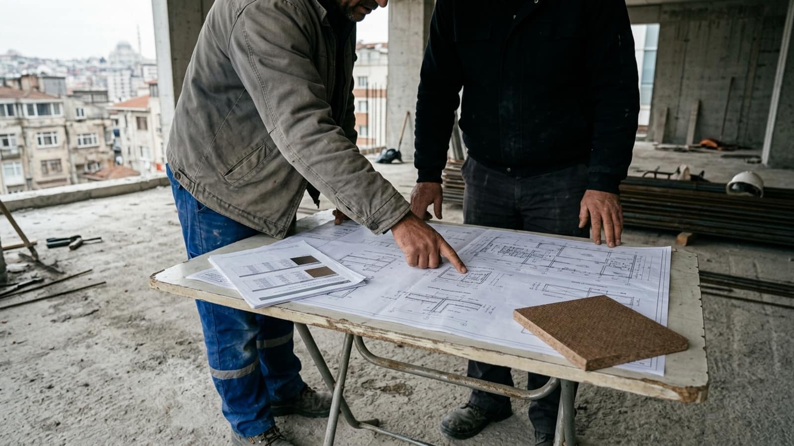 Şantiyede proje masası başında teknik çizim ve malzeme numunesi üzerinden yapılan görüşme