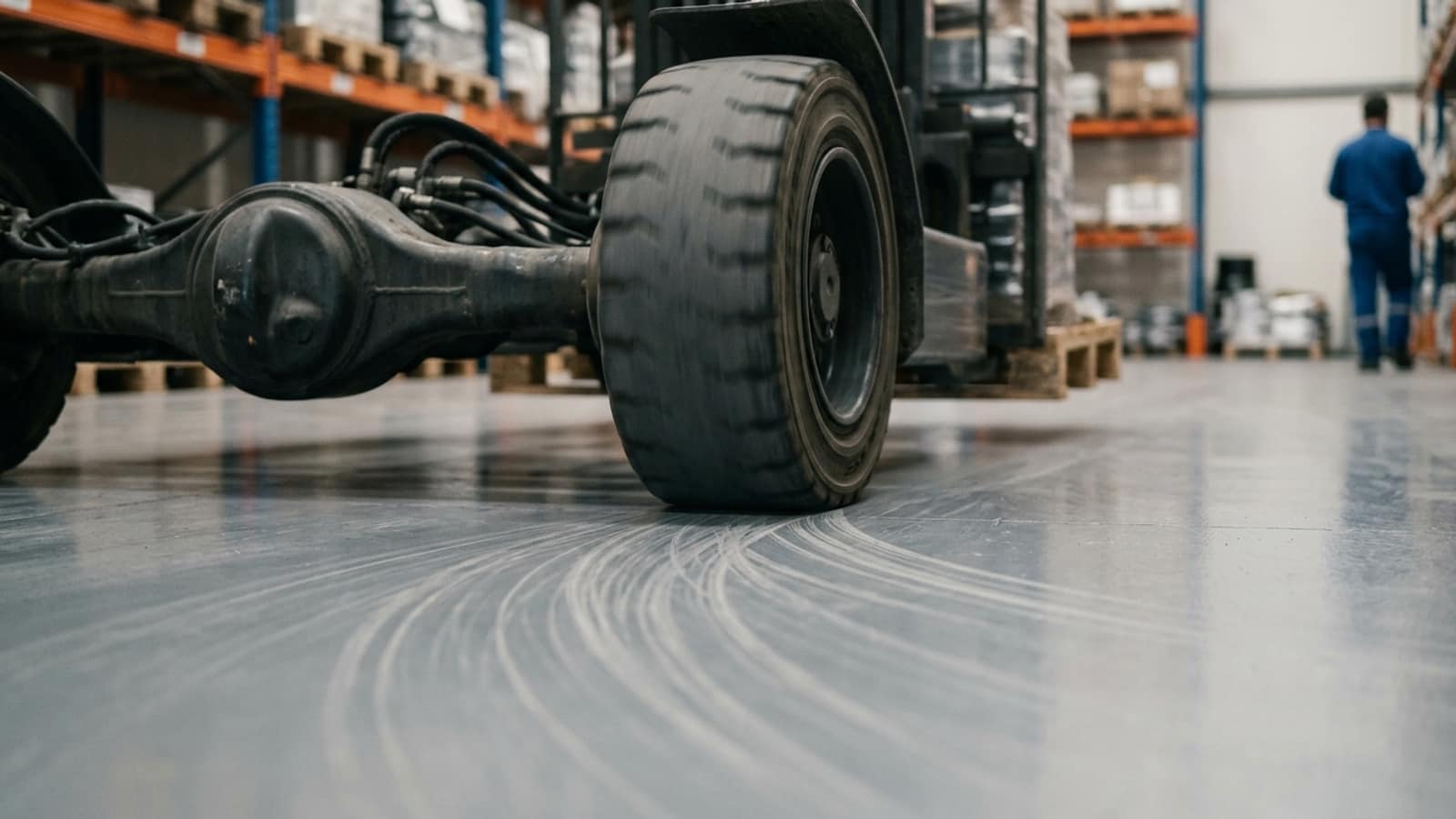Yüklü forkliftin dönüş anında kaplamalı zemine basan tekeri ve arkasında yayılan iz