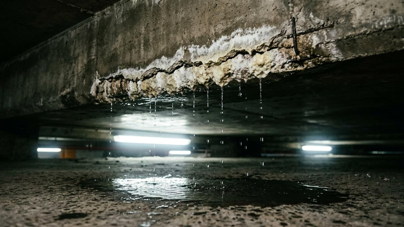 Kapalı otopark tavanındaki çatlaktan damlayan su ve çatlak boyunca oluşmuş kireç birikintileri