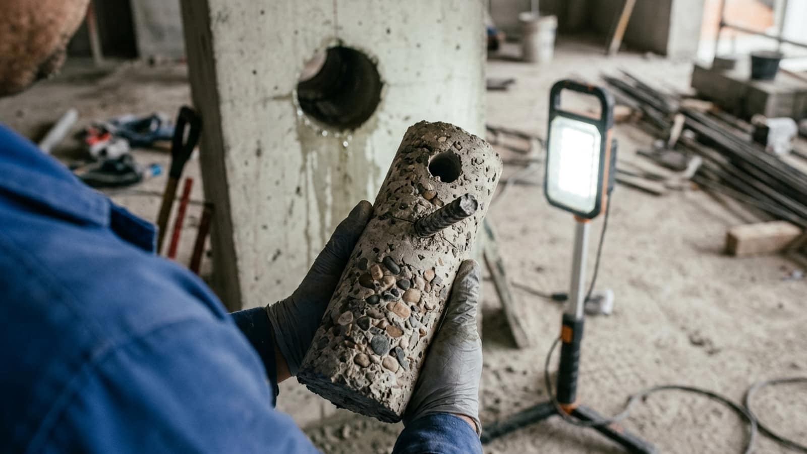 Betondan alınmış karot numunesi elde tutuluyor; arkada kolonda kalan karot deliği