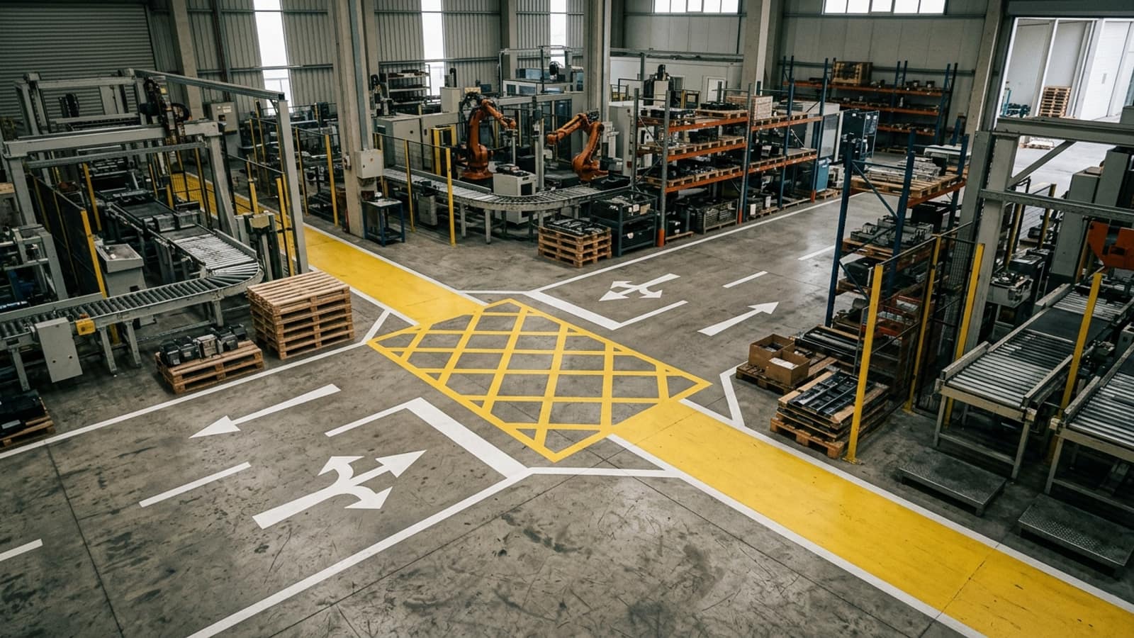 Fabrika zemininde yaya yolu ile araç yolunun kesiştiği noktadaki sarı taralı alan, durma çizgisi ve yön okları