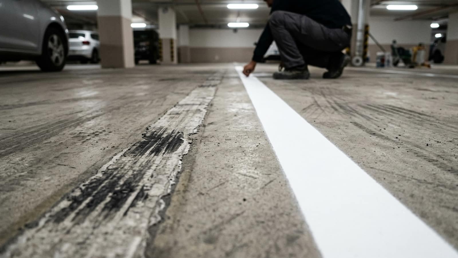 Otopark zemininde yan yana iki çizgi: biri lastik izleriyle silinmiş, diğeri yeni ve keskin kenarlı