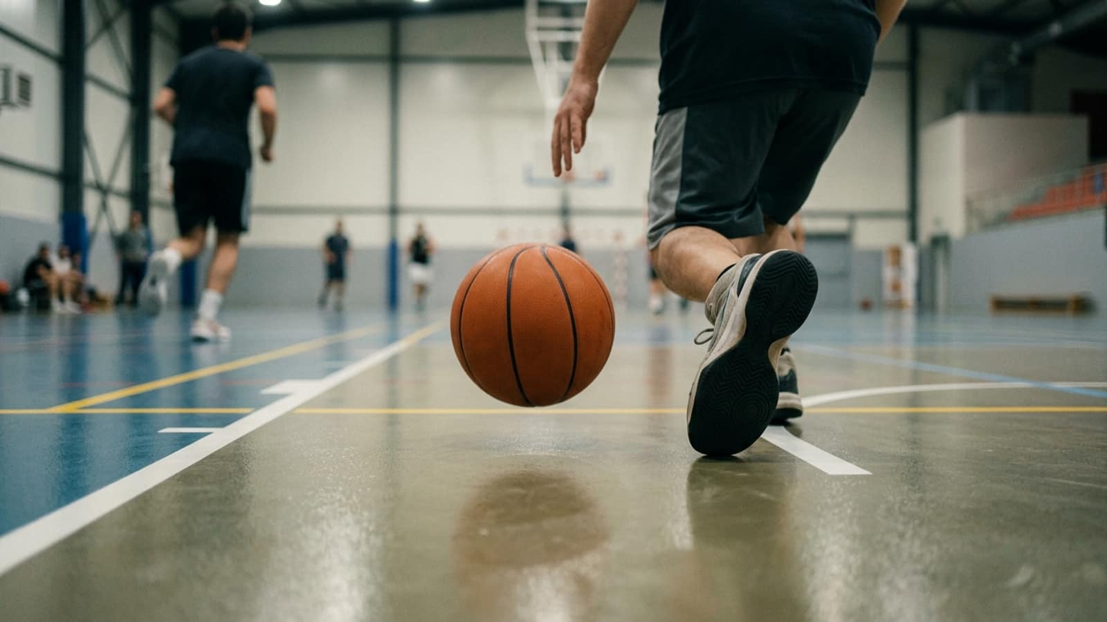 Spor salonu zemininde sekmenin tepe noktasındaki basketbol topu ve sporcunun ayakkabısı