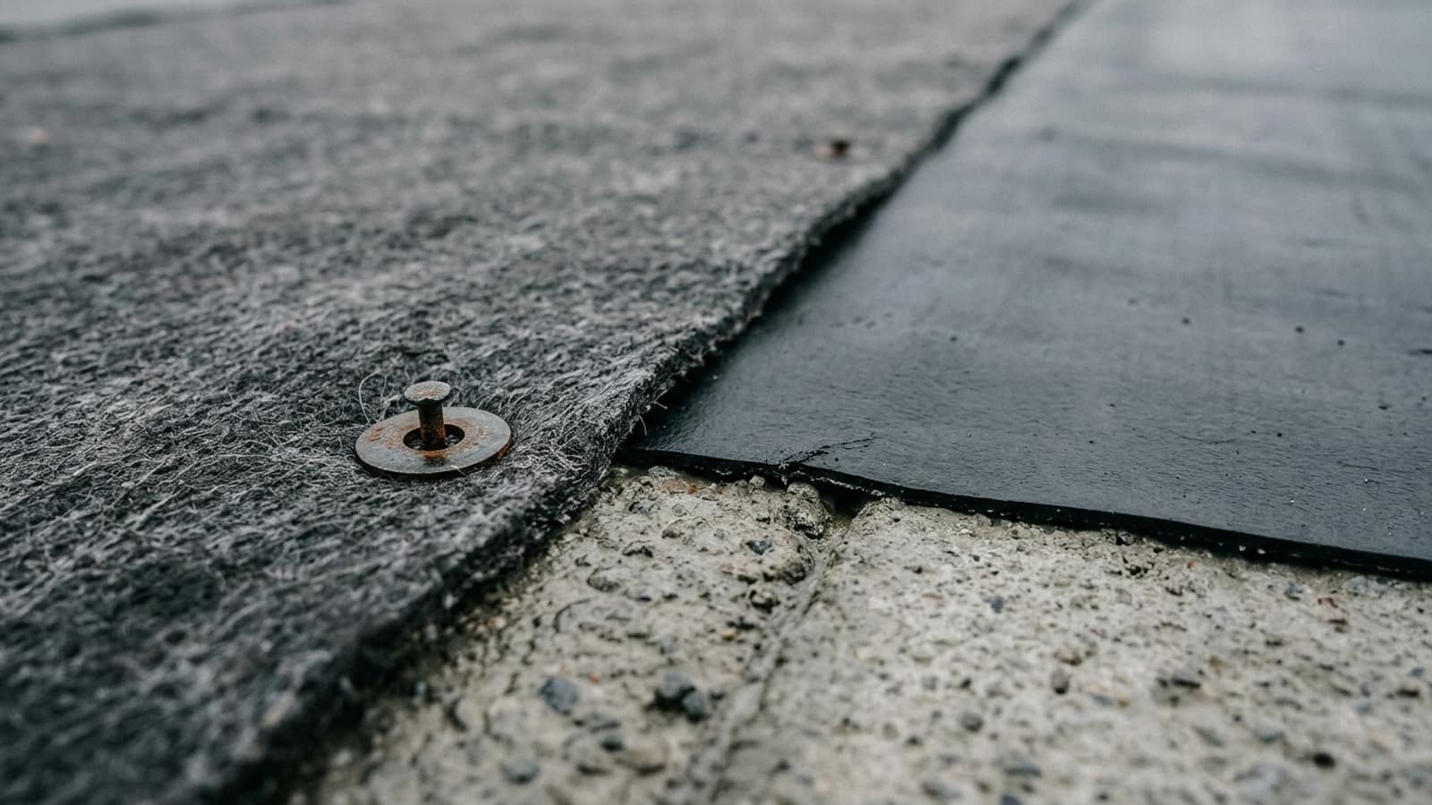Grobeton üzerinde bentonit örtü ile bitümlü membranın birleştiği ek yeri; bentonitin kenarı pullu çiviyle sabitlenmiş