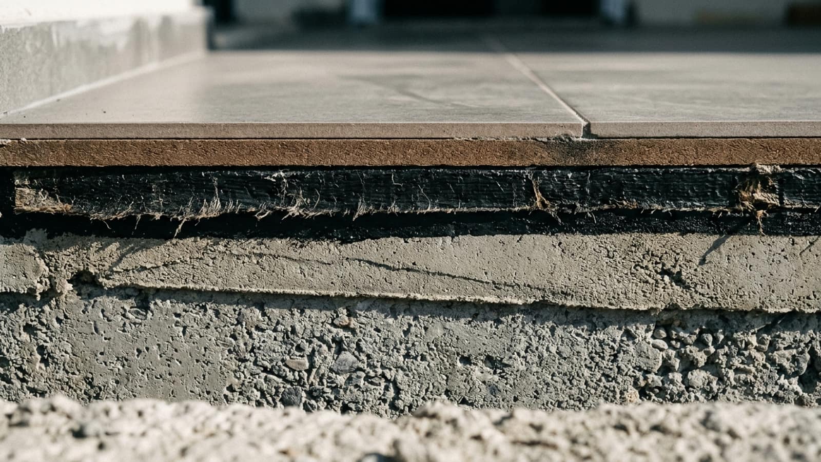 Teras katman kesiti: alttan üste taşıyıcı beton, eğim şapı, astar, su yalıtım membranı, yapıştırıcı ve karo