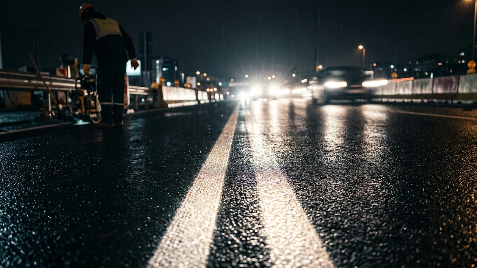 Gece ıslak yolda farların altında parlayan termoplastik yol çizgileri