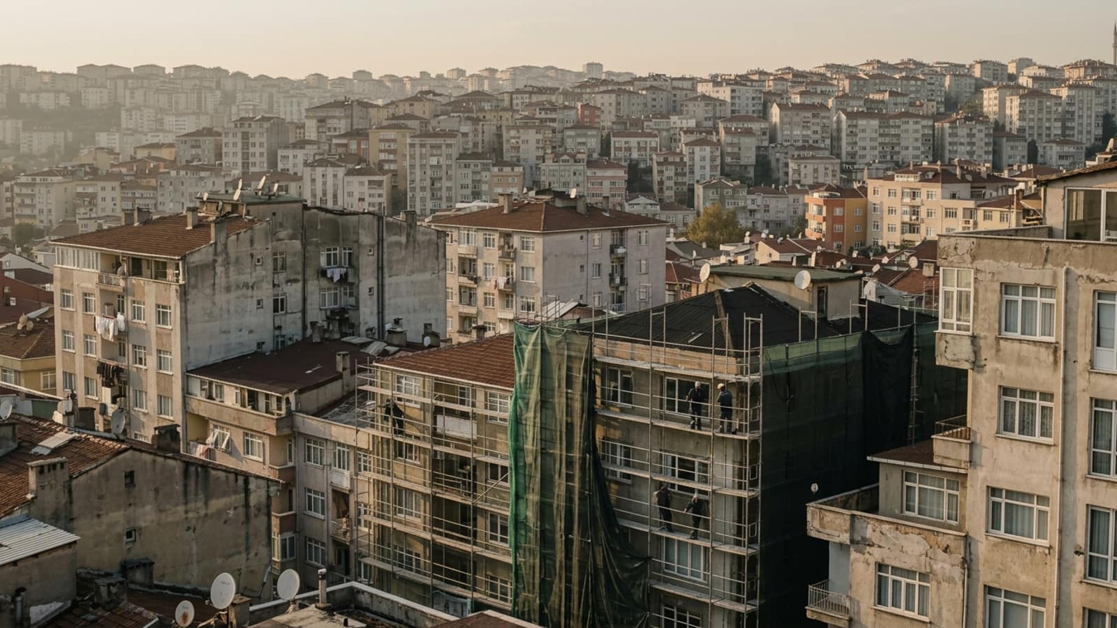 İstanbul'da yoğun konut dokusu; ortadaki binalardan biri yenileme filesiyle kaplı