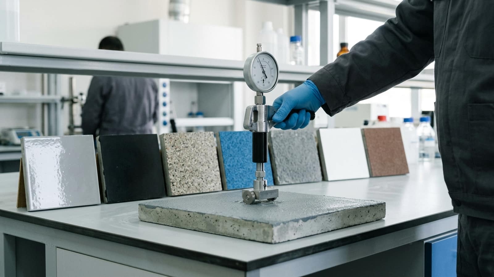 Laboratuvarda kaplama numunesine bağlanmış yapışma çekme test cihazı ve arkasında sıralanmış farklı yüzeyli plakalar