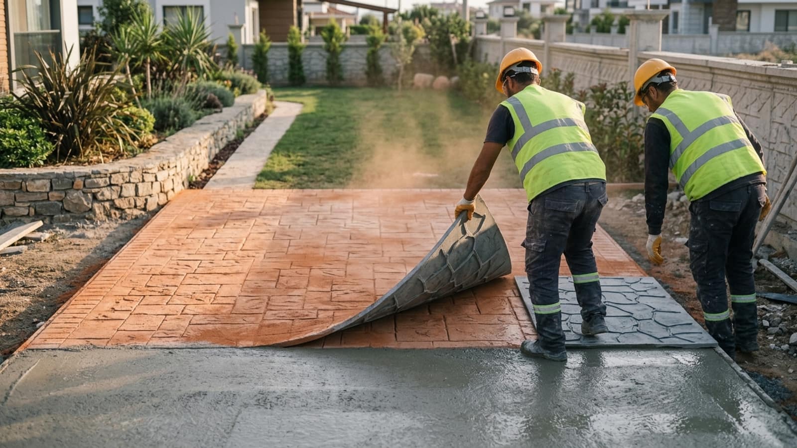 Taze betona bastırılan desen kalıbı kaldırılıyor, altından tek tek döşenmiş taş görünümlü baskı beton yüzey çıkıyor