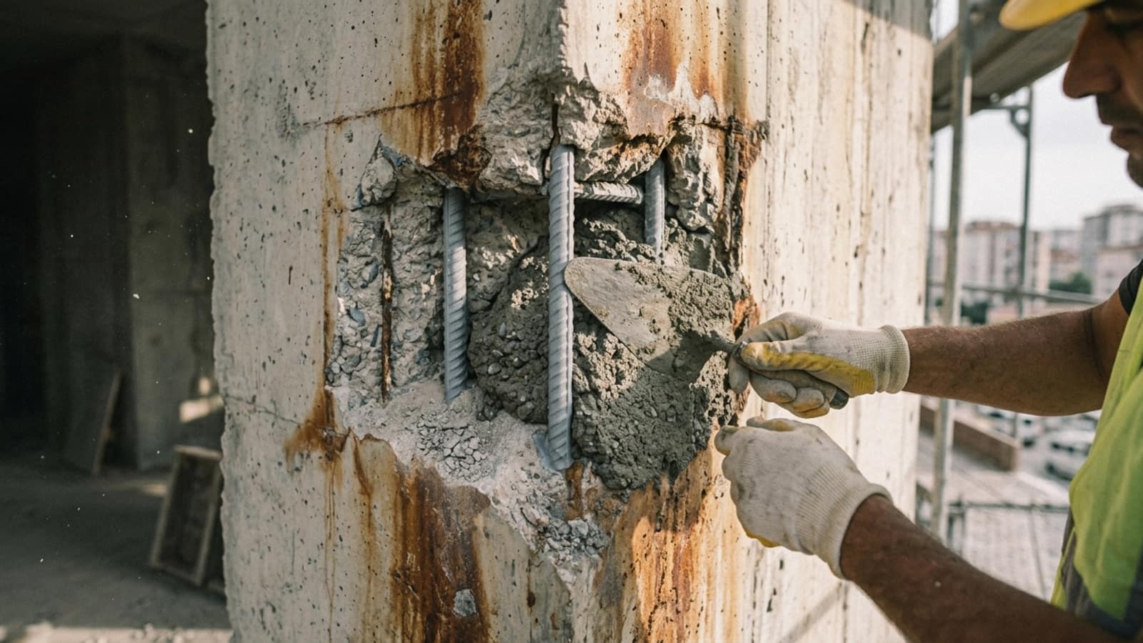 Betonu dökülmüş kolonda pastan temizlenip astarlanmış donatı üzerine mala ile yapısal tamir harcı uygulanıyor