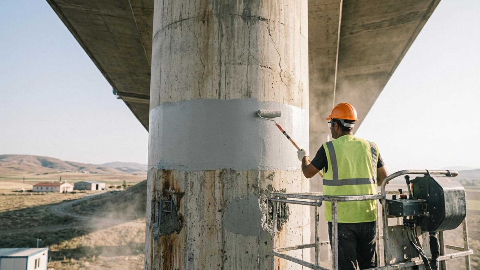 Viyadük ayağına sepetli platformdan ruloyla koruyucu kaplama sürülüyor; kaplanan bant ile yıpranmış beton arasındaki fark belirgin