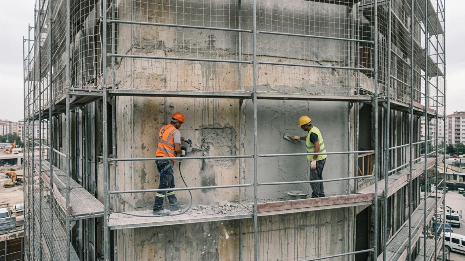 İskele üzerinde beton cephe onarımı: bir işçi hasarlı betonu kırıyor, diğeri hazırlanan yüzeye tamir harcı çekiyor