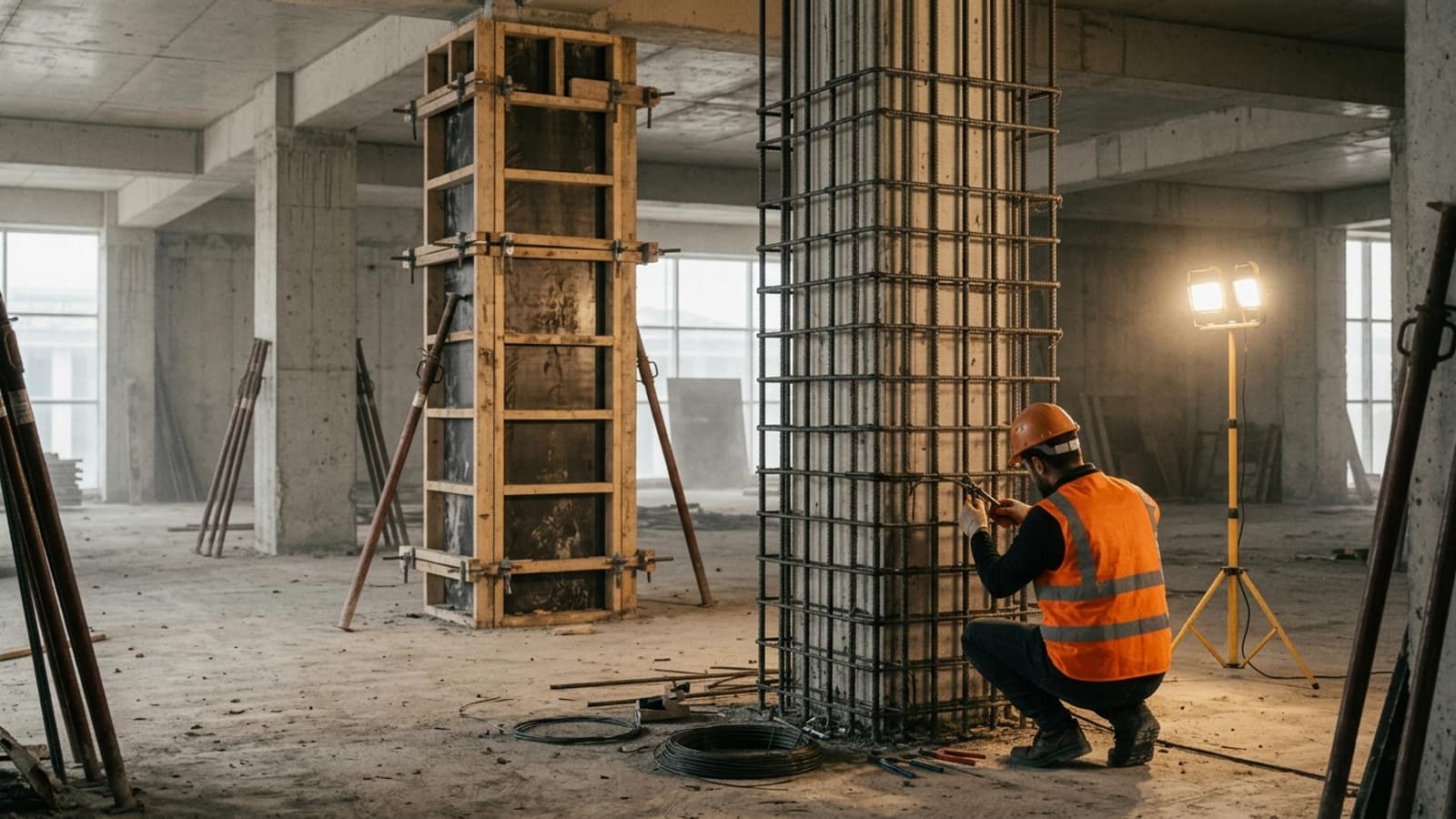Mevcut betonarme kolona sarılan yeni donatı kafesi; sık aralıklı etriyeler bağlanıyor, yandaki kolon kalıba alınmış