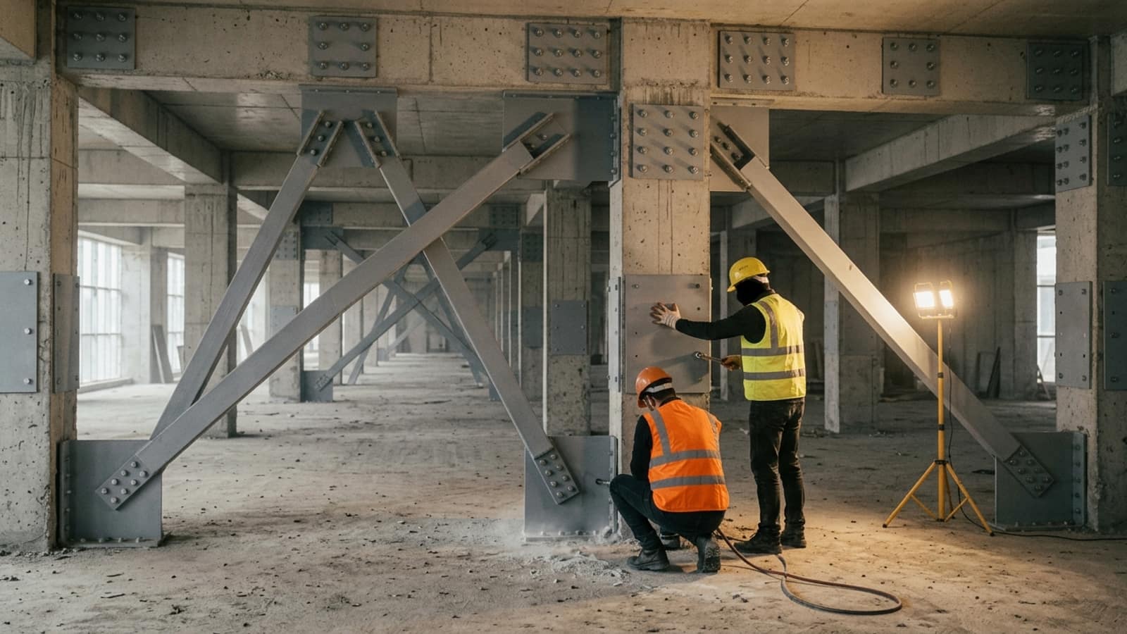 Betonarme çerçeveye cıvatalanan çelik çapraz elemanlar ve ankraj bulonlu bağlantı plakaları