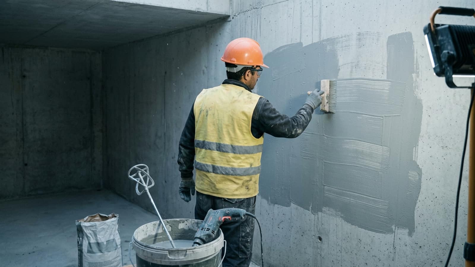 Two-component cementitious waterproofing slurry being applied to a basement retaining wall with a block brush