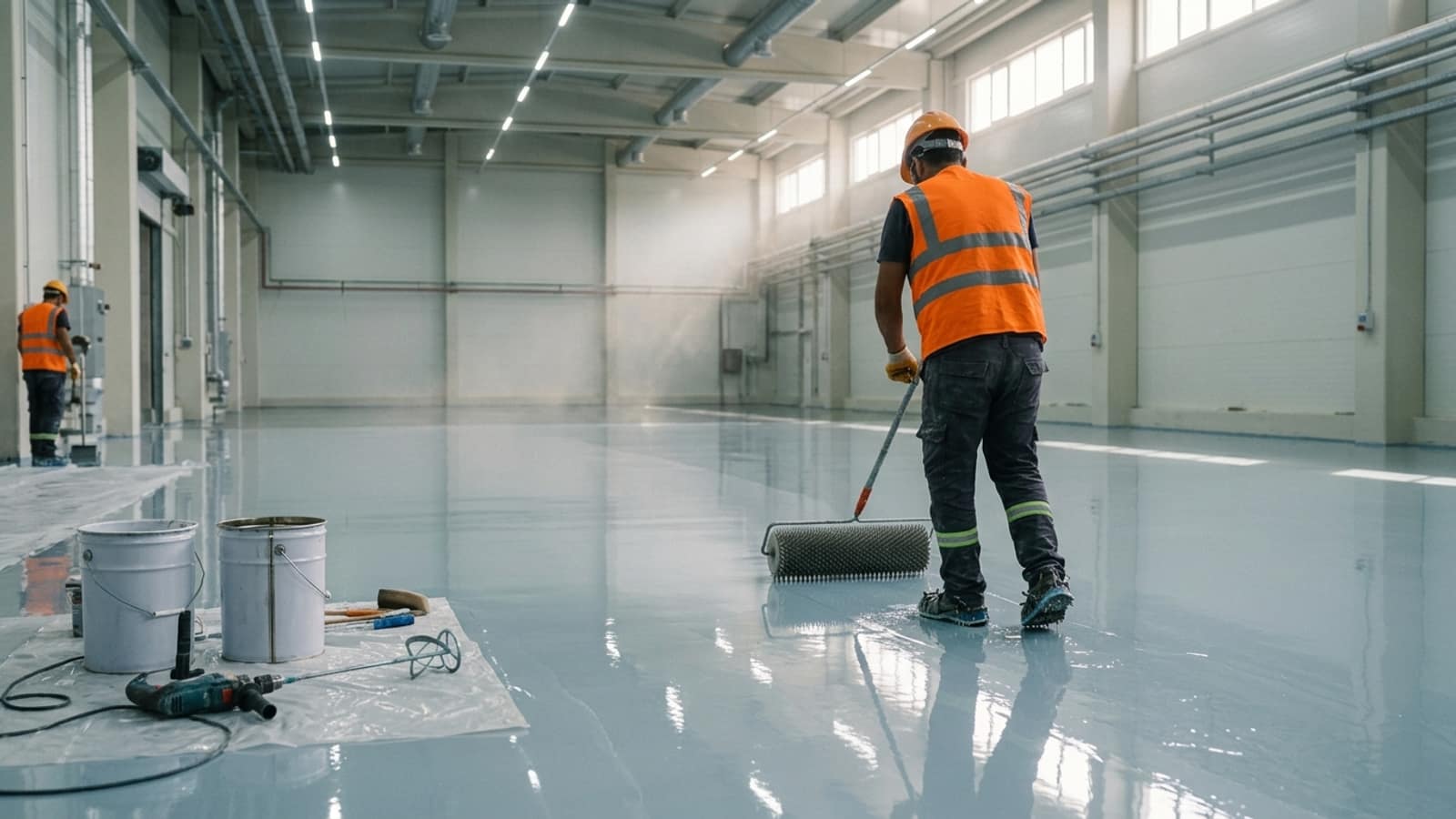 Self-levelling epoxy coating poured in an industrial hall being de-aerated with a spiked roller; the surface reflects like a mirror