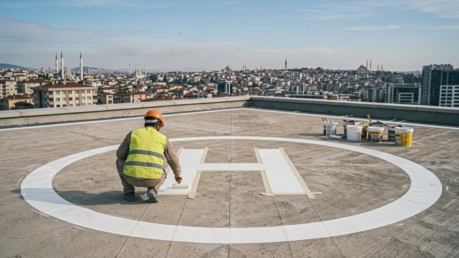 Bina çatısındaki helikopter pistinde çevre dairesi boyanmış; şablonla H işareti uygulanıyor