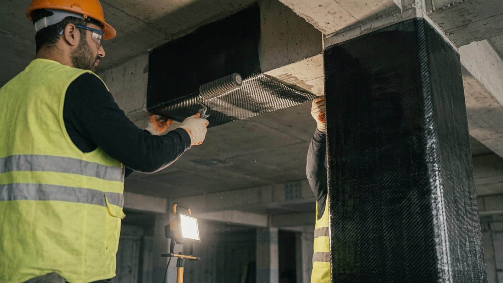 Betonarme kirişe sarılan karbon fiber kumaş nervürlü ruloyla epoksi reçineye doyuruluyor; yandaki kolonun sarımı tamamlanmış
