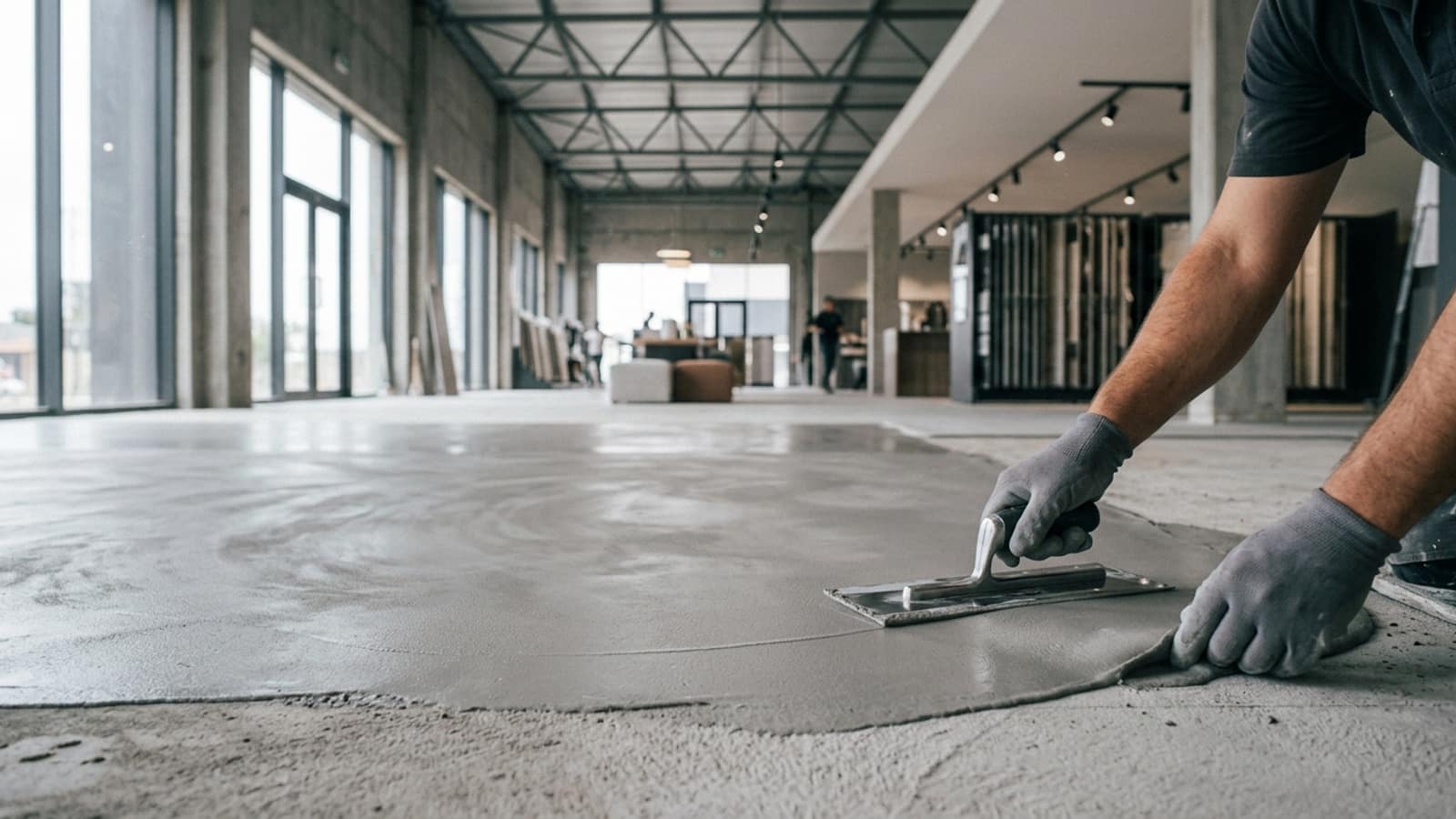 Mağaza zeminine paslanmaz malayla mikro beton çekiliyor; arkasında bulutumsu dokulu bitmiş yüzey