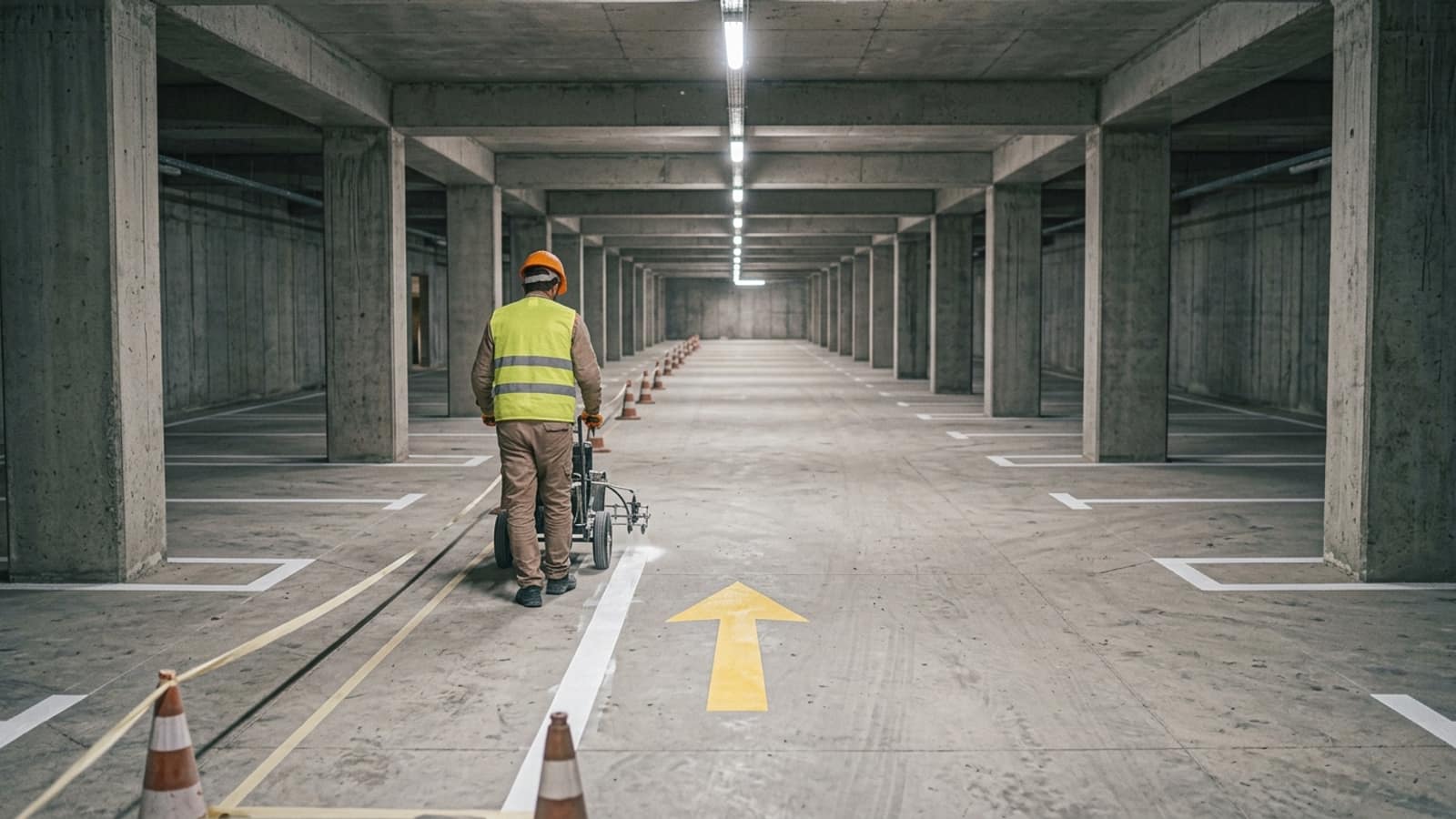 Kapalı otoparkta çizgi makinesiyle park yeri çizgileri çekiliyor, zeminde sarı yön oku