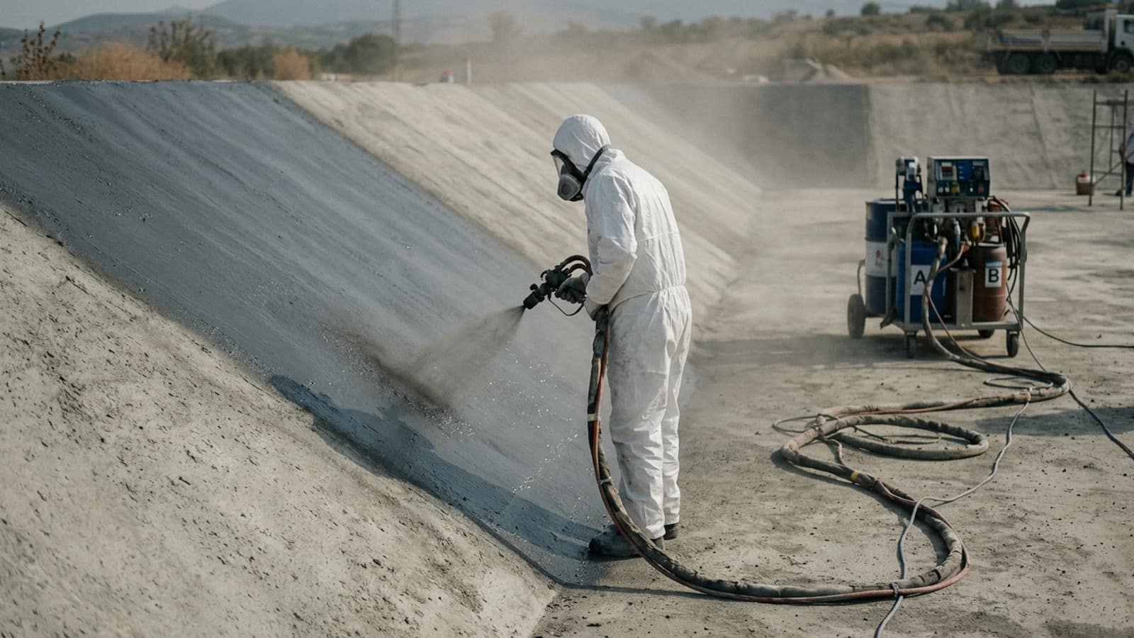 Beton gölet şevine tam koruyucu ekipmanlı operatör tarafından sprey polyurea kaplama püskürtülüyor