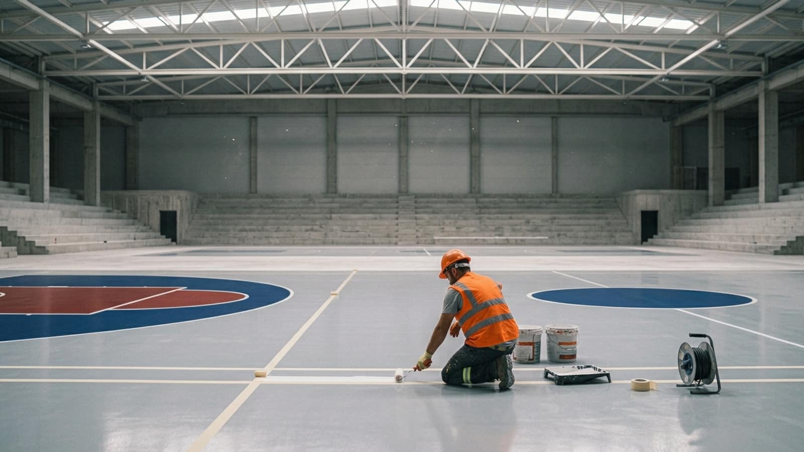 Kapalı spor salonunda maskeleme bantları arasına ruloyla saha çizgisi çekiliyor