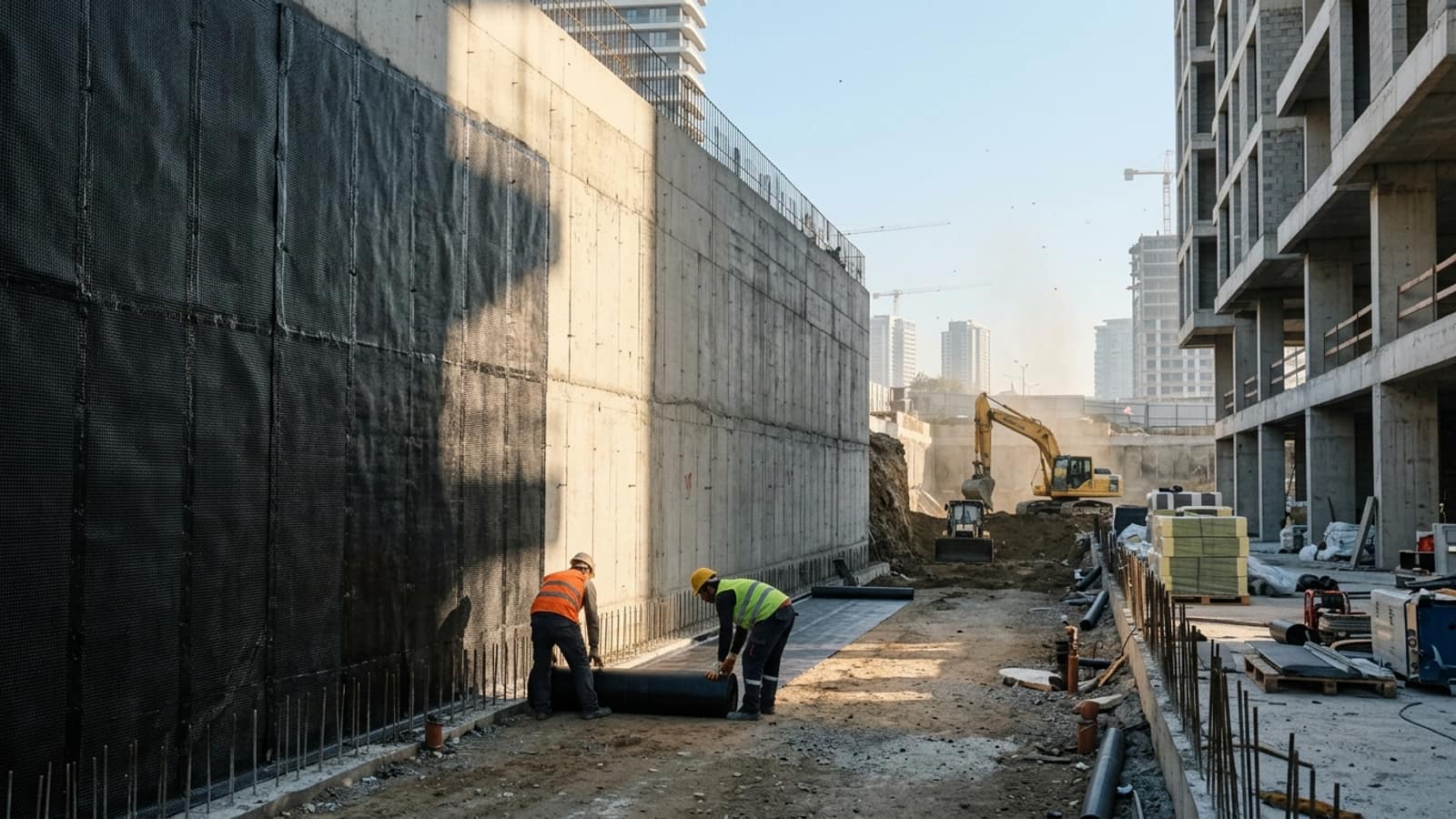 Derin temel kazısında perde duvara su yalıtım örtüsü seriliyor; duvarın yarısı kaplanmış, yarısı çıplak beton