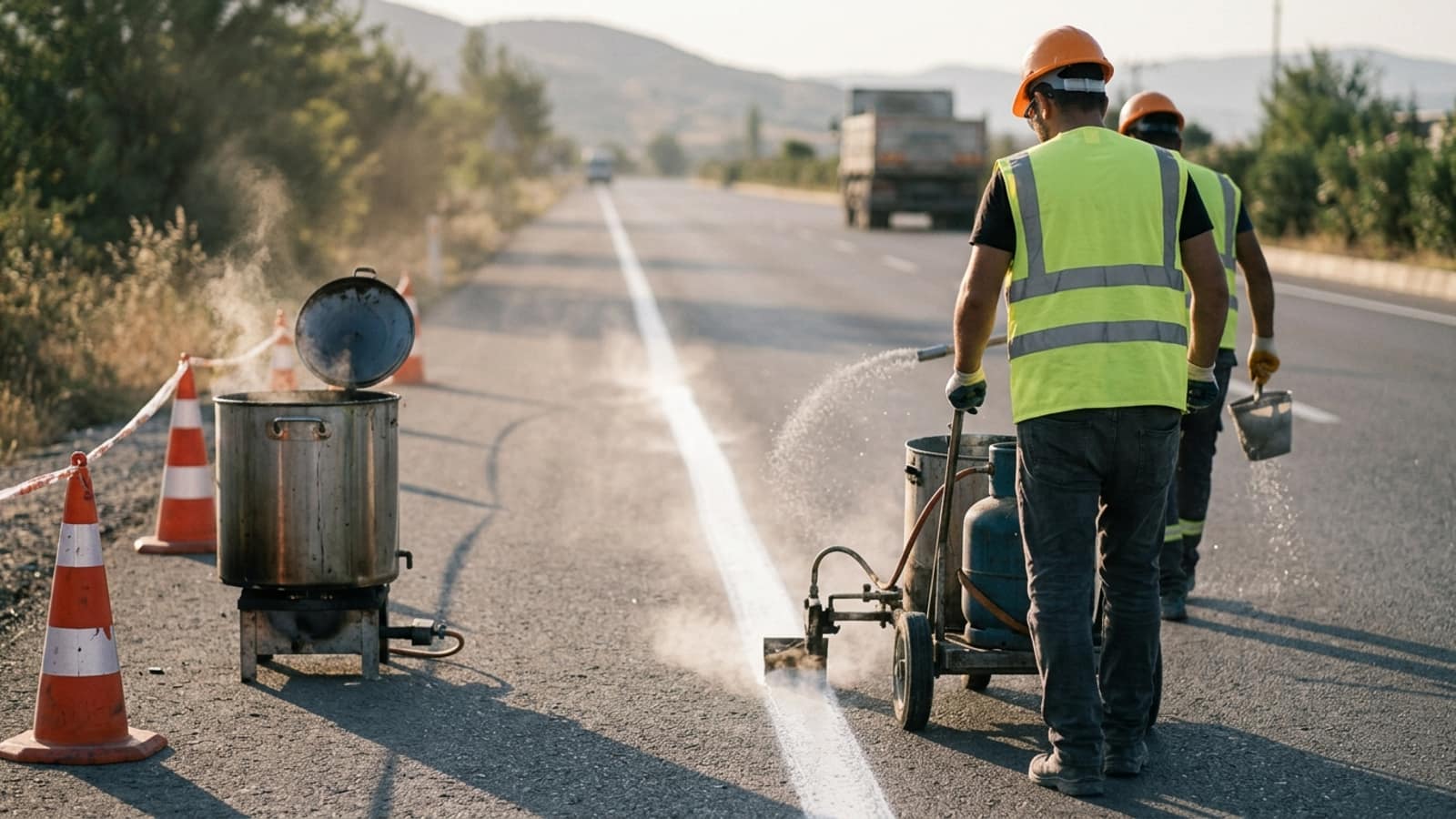 Yolda sıcak uygulama kazanı ve tarama makinesiyle termoplastik çizgi çekiliyor, taze çizgiye cam boncuk serpiliyor