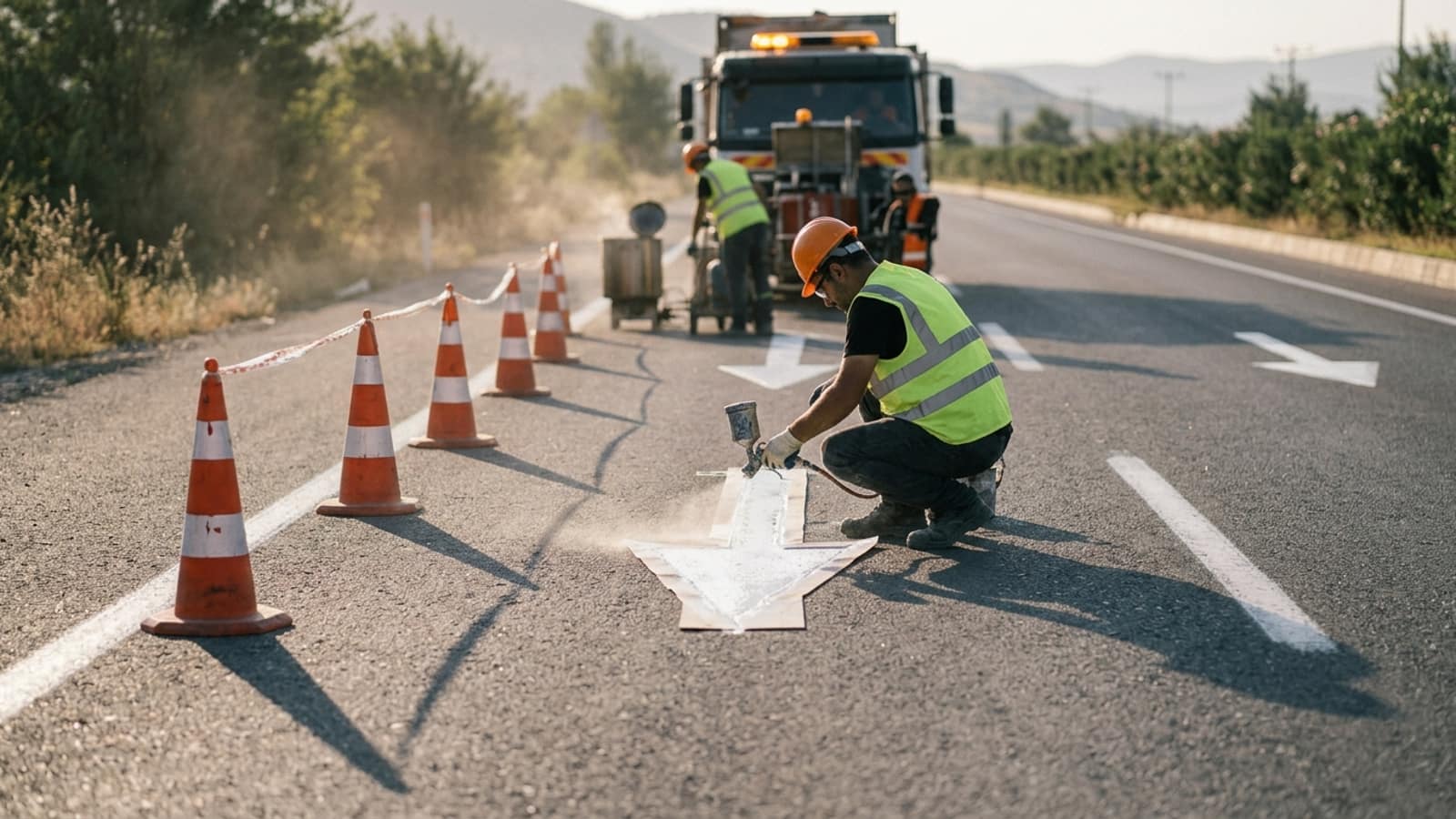 Konilerle kapatılan yolda ok şablonuna sprey boya uygulanıyor; ilerideki oklar ve şerit çizgisi tamamlanmış