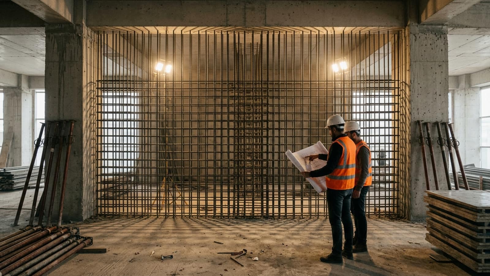 Güçlendirme kapsamında iki kolon arasına örülen sık donatılı perde duvar; mühendisler projeyi inceliyor