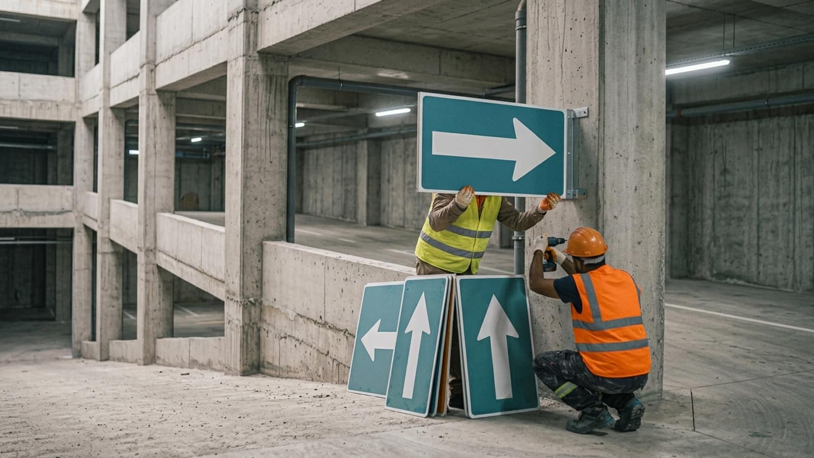 Otopark kolonuna yön levhası montajı yapılıyor; yerde ok işaretli paneller bekliyor