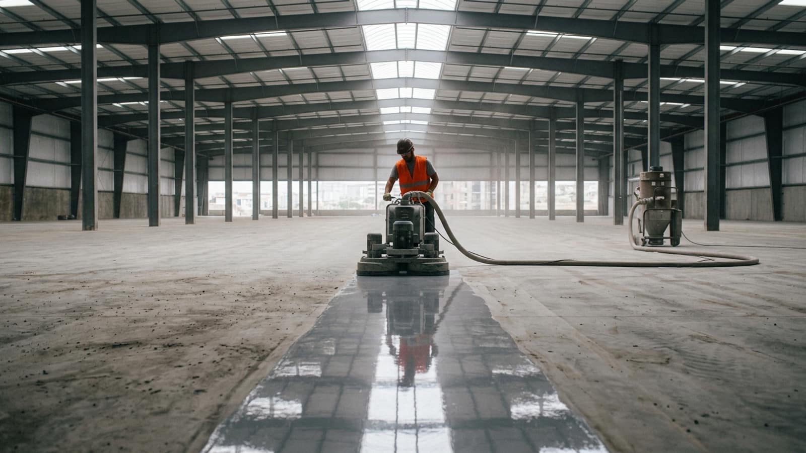 Concrete floor being polished with a planetary grinder; a glossy strip behind the machine, dull dusty concrete ahead